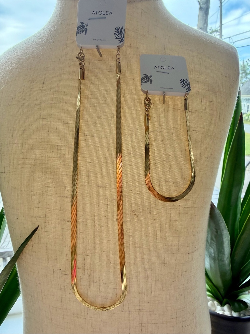 ATOLEA Bundle Gold Herringbone Necklace Bracelet Set waterproof lead free 18k